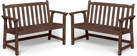 Outdoor Bench, 2-Person HDPE Garden Bench, All Weather Poly Patio Bench for Outdoors, Garden, Backyard, Porch and Park, 550 lbs Weight Capacity, Brown, 2 Pack