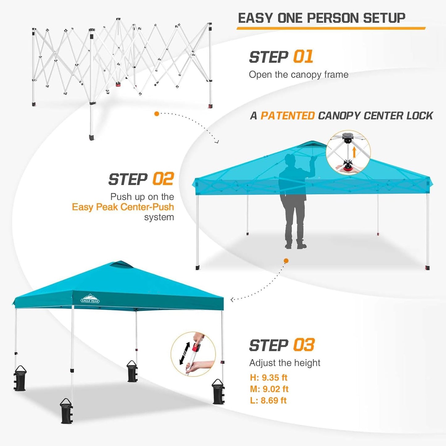 EAGLE PEAK Pop Up Canopy Tent with Wheeled Carry Bag, 8 Stakes, 4 Ropes, 4 Weight Bags, Easy Set Up Tent Canopy, 10x10 ft, 100sqft of Shade, Turquoise