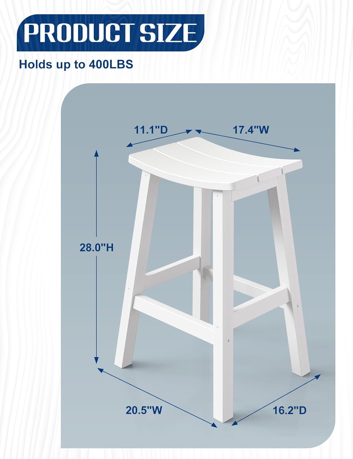 Weatherproof Bar Stools Set of 2, 28" Height Outdoor Bar Stools Holds up to 400 lbs, Saddle Seat, Bar Height Stools for Patio, Garden, and Kitchen Island, White