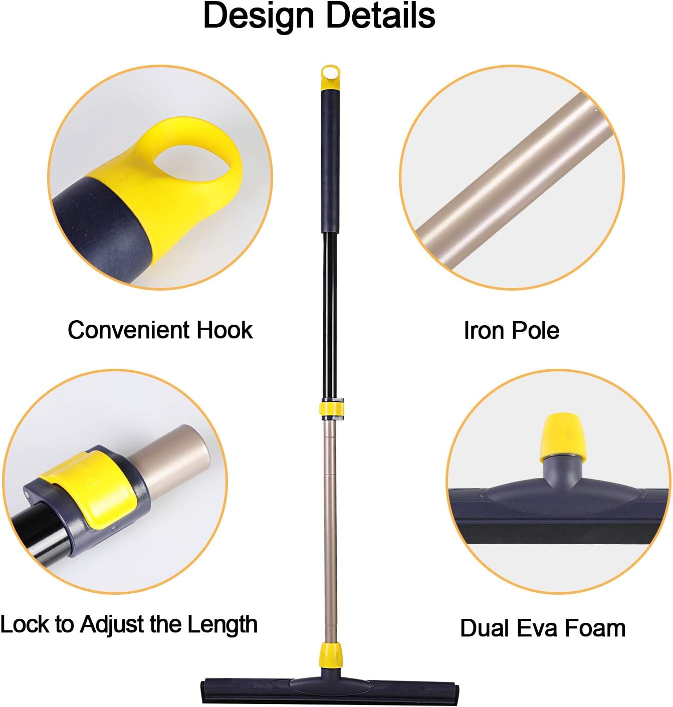 Yocada Floor Squeegee Scrubber Adjustable Telescopic Pole Heavy Duty Household Broom EVA Foam Blade for Garage Courtyard Shower Bathroom Floor Marble Glass Tile Water Foam Cleaning