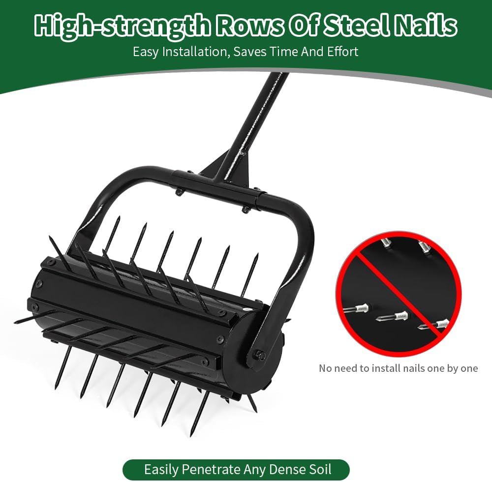 Lawn Aerator, 17'' Grass Rolling Aerators Tool Manual Garden Aerator with Handle Aeration Tool Lawn Steel Nails Aerator Machine with Sandbag, Patio Soil Roller Air Aerator Tool for Yard