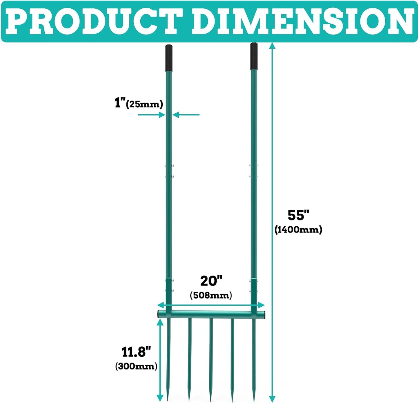 Broad Fork Garden Tool, 5 Tines 20 in Broadfork Hand Tiller, 55 inch Heigh Pitch Fork, Ergonomic U-Shaped Design, Spading Digging Fork for Gardening, Cultivating, Aerate Clay Soil for Farm