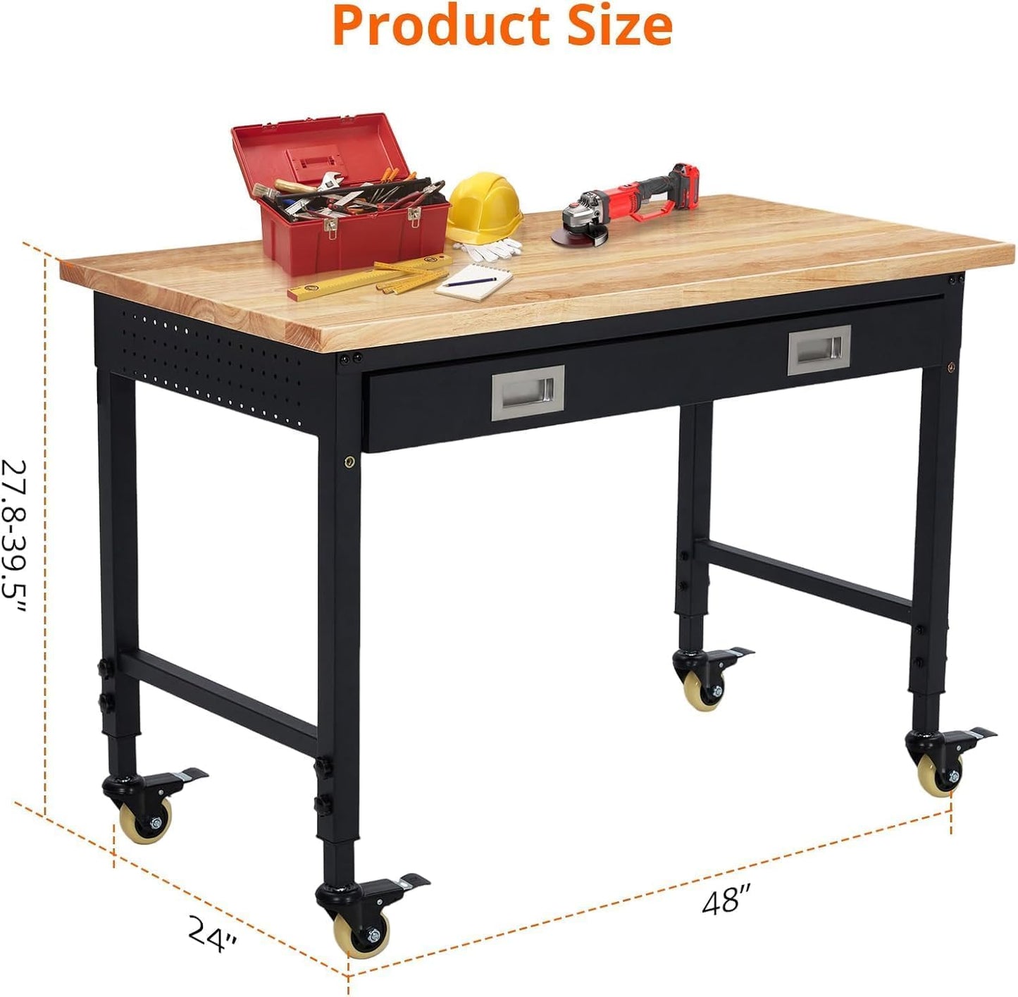 48x24 Inch Garage Workbench with Wheels, Adjustable Rubber Wood Top Garage Workbench with Power Outlet, 2000 Lbs Load Capacity for Workshop, Woodworking, Office