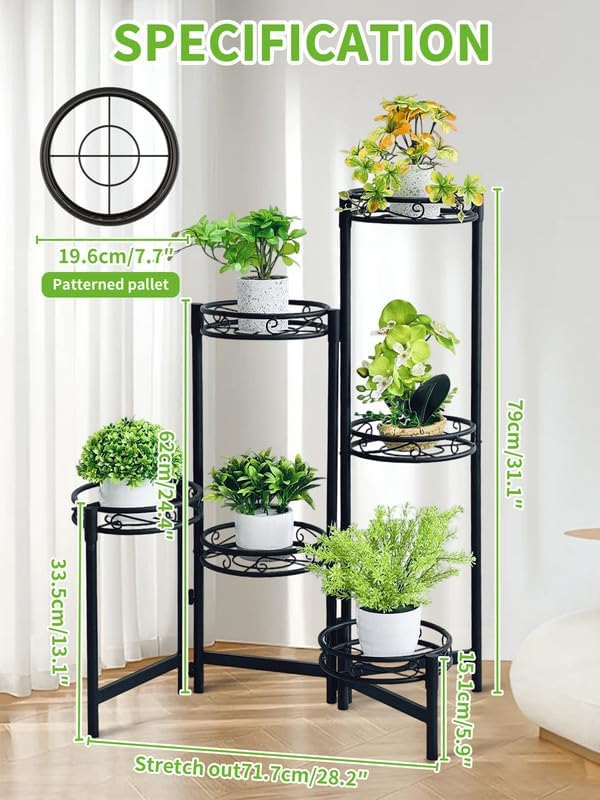 Plant Stand Indoor Outdoor, 6 Tier Metal Flower Shelf for Multiple Plants Corner Tall Floding Flower Holders for Patio Garden Living Room Balcony Bedroom - BlackCircle