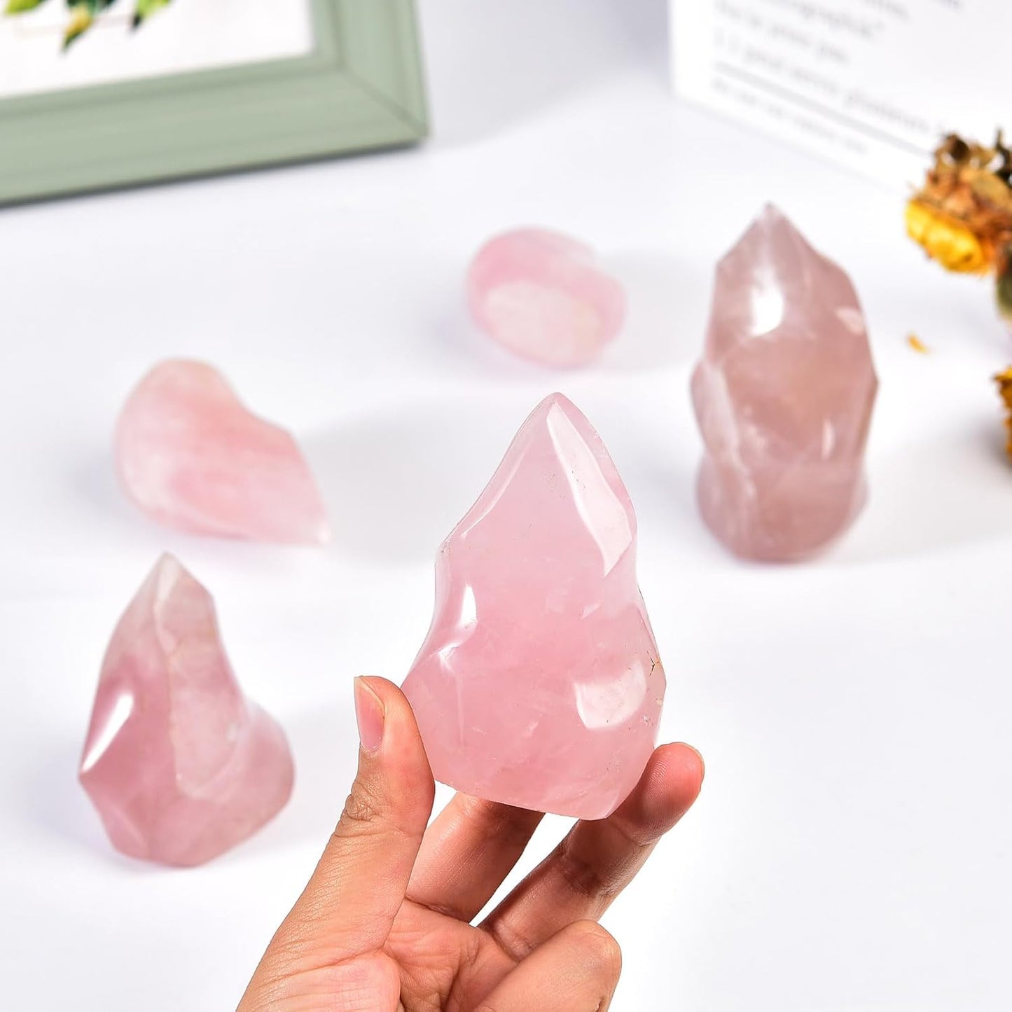 AMOYSTONE Rose Quartz Crystal Stones Energy Flame Tower Healing Crystal and Stone for Meditation Home Decoration 1.0LB