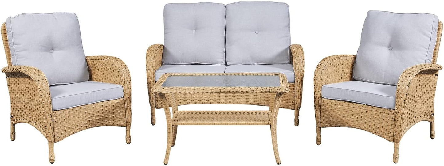HUMMUH 4-Piece Patio Furniture Wicker Outdoor Conversation Set,All-Weather Rattan Outdoor Bistro Set with Loveseat Chairs Coffee Table for Backyard,Poolside,Deck