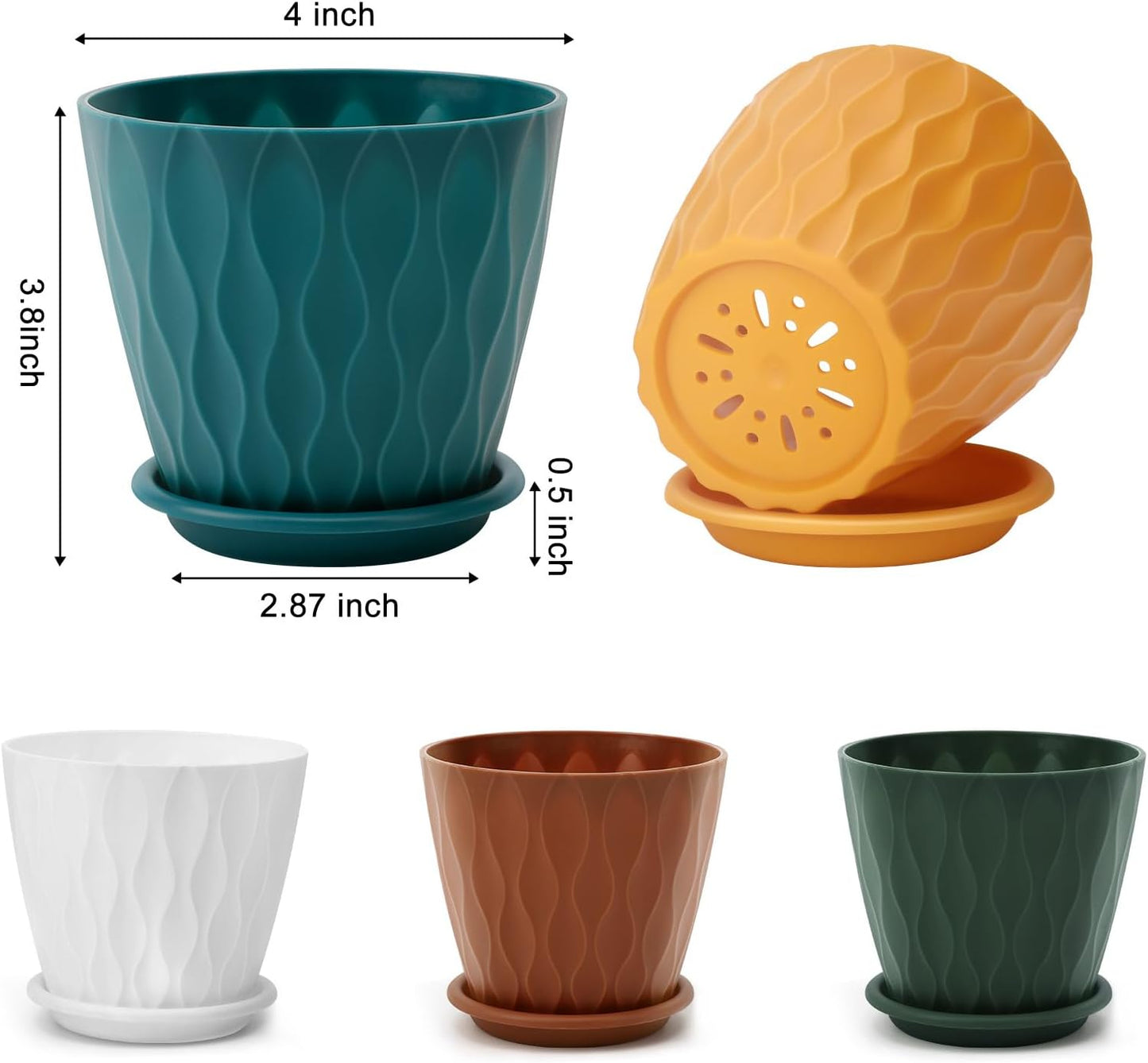 4 inch Plant Pots, 5 Pack Flower Pots Outdoor Indoor, Planters with Drainage Holes and Tray Saucers（（Multicolor）