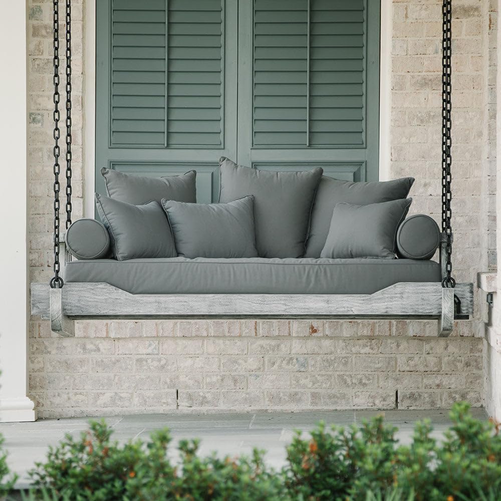 Ash & Ember Grade A Teak Twin Sized Porch Swing with Chain, 75" Wide Antique Finish Teak Wood Bed Frame with Grey Cushions, Weather-Resistant Backyard Benches Swings and Patio Furniture