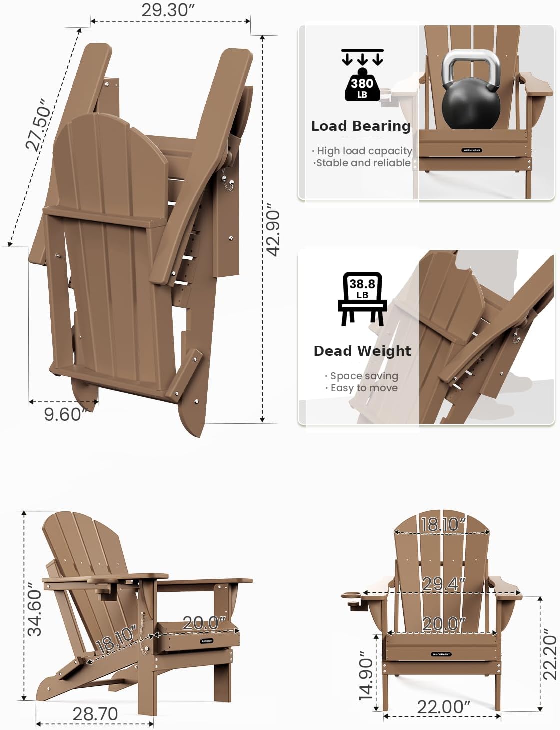MUCHENGHY Folding Adirondack Chairs and Table Set, Outdoor Chair, Adirondack Chair Plastic, Fire Pit Chair, Weather Resistant with Cup Holder for Deck, Backyard, Garden(Teak, 3-Piece)