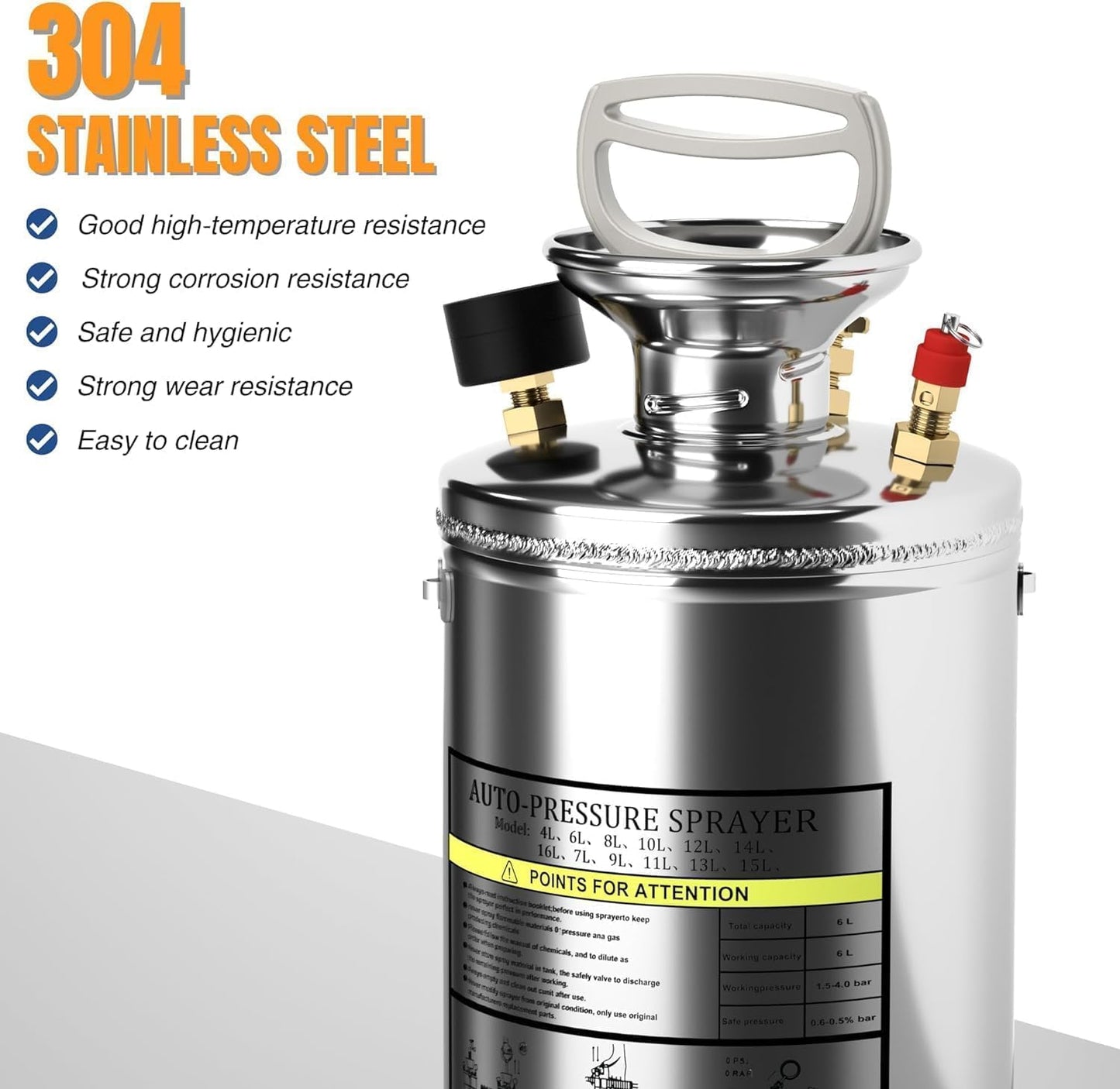 2 Gallon Garden Sprayer, 304 Stainless Steel Chemical Sprayer, Hand Pump Sprayer, with Pressure Gauge, Adjustable Nozzle, 20" Sprayer Wand, 3.3ft Hose & Safety Valve