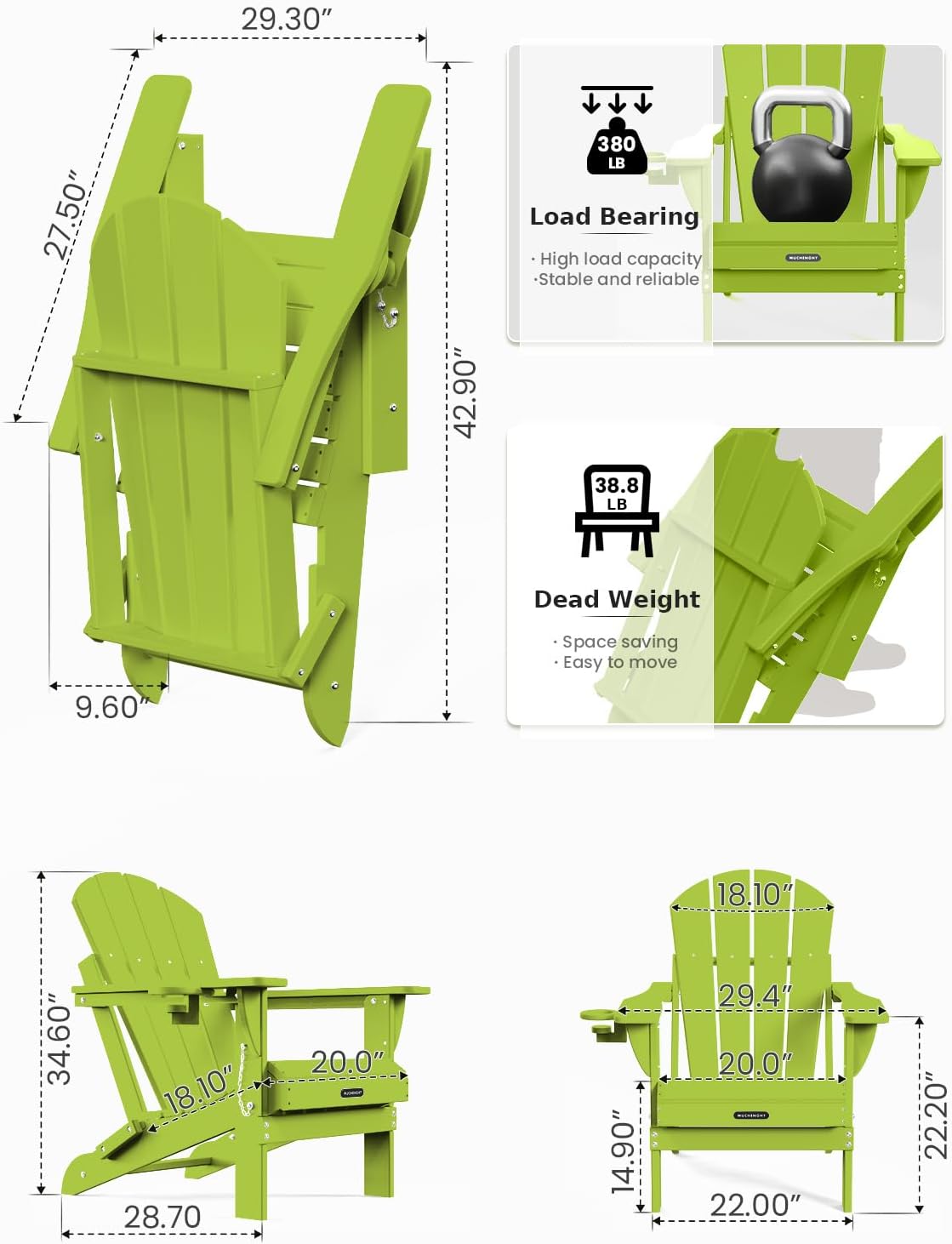 MUCHENGHY Folding Adirondack Chairs, Patio Chairs, Lawn Chairs, Outdoor Chair, Adirondack Chair Plastic, Fire Pit, Weather Resistant with Cup Holder for Deck, Backyard, Garden(Lemon Green)