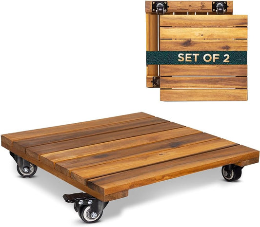 Idzo 2-Pack 14 Inch Wood Plant Caddy with Wheels Heavy Duty, 264 lbs Acacia Hardwood Plant Caster Dolly Rolling Stand with 360° Lockable Wheels for Heavy Plant Pots and Outdoor Use