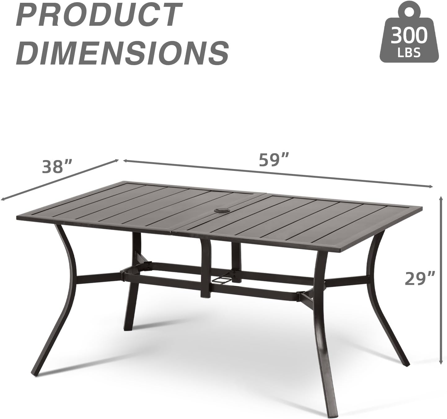 Aoodor Patio Dining Table for 6 People, 59" L x 38" W Rectangular Metal Outdoor Dining Table with Adjustable Umbrella Hole for Garden, Poolside, Backyard