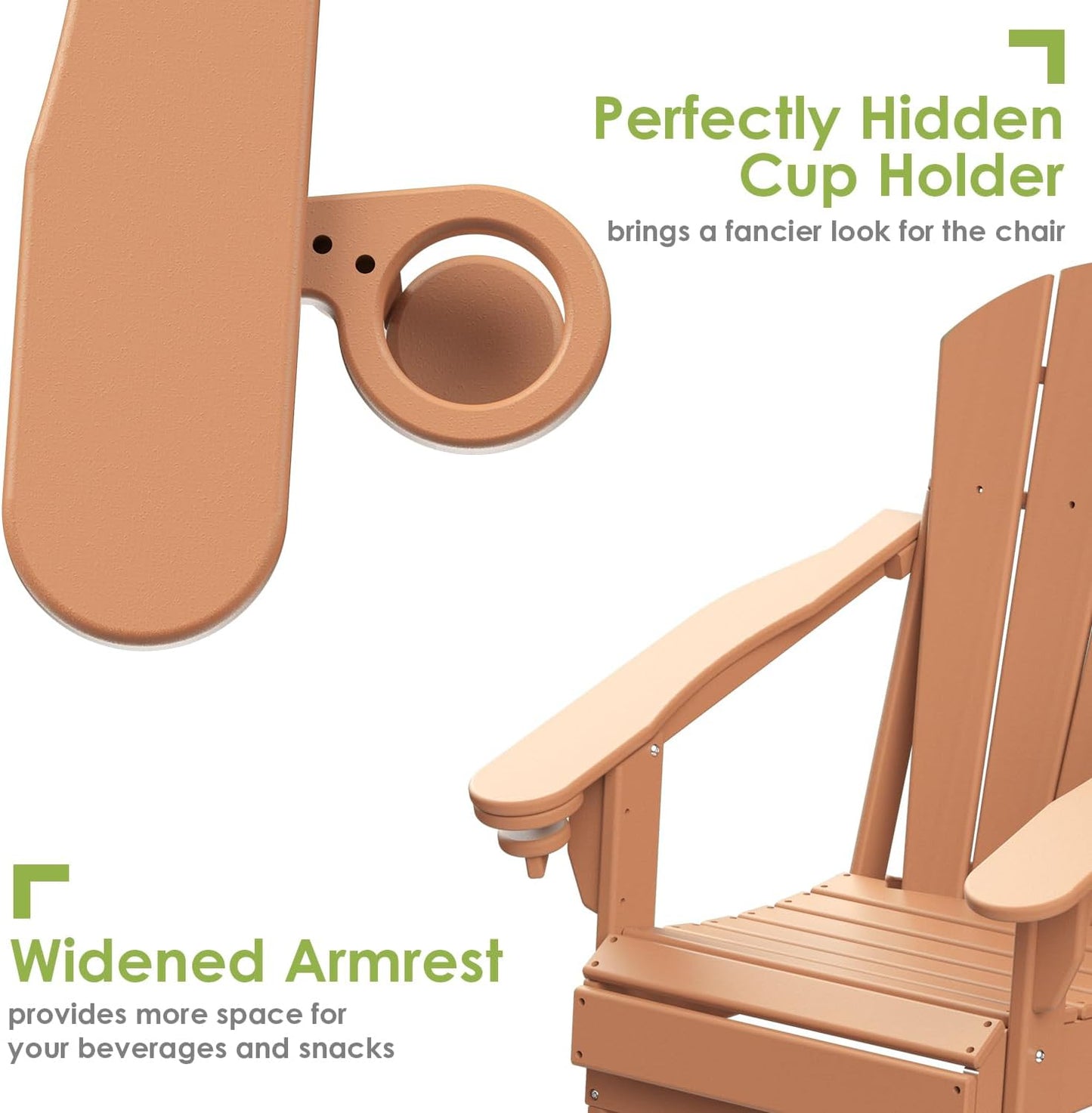 GREENVINES Folding-Adirondack-Chairs-Set-of-4 | HDPE Plastic | Fire Pit Chair | All Weather | Cup Holder | Teak | for Deck Backyard Patio Outdoor Garden