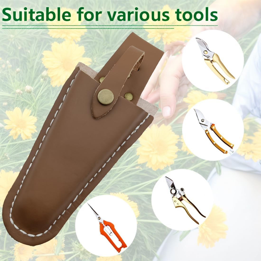Pruner Holster,Garden Leather Hanging Pouch with Safety Lock for Hanging Pruning Shears for Garden Pruning Pliers Shears Scissors (Yellow+Brown)