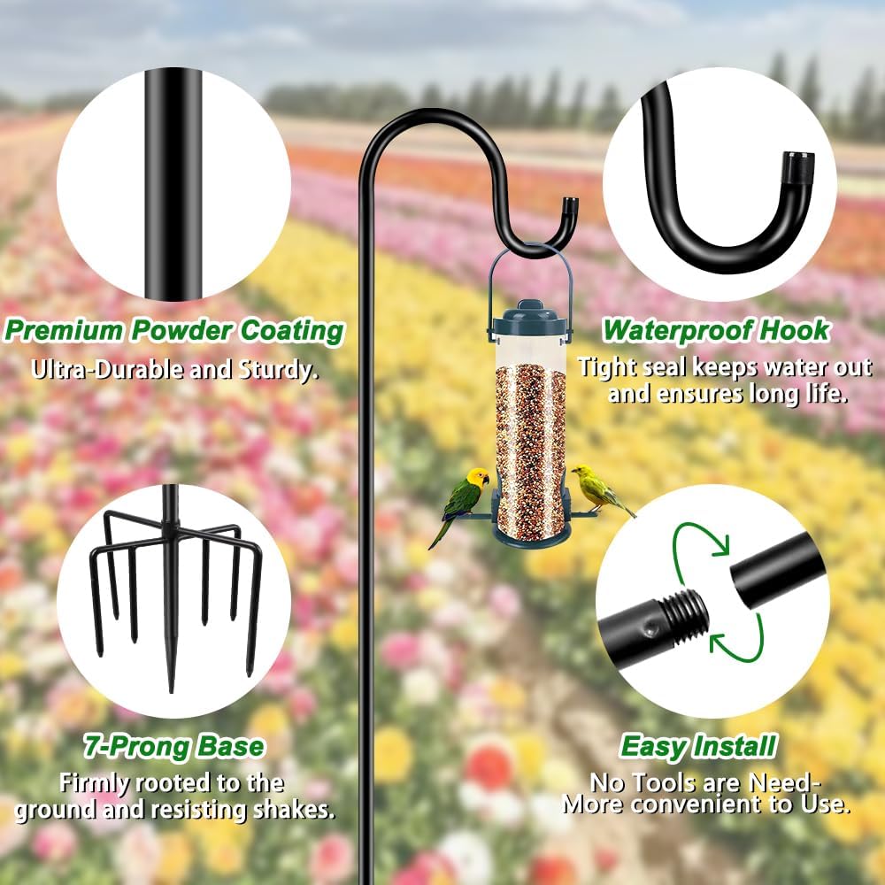 84" Shepherds Hooks for Outdoor, Heavy Duty Bird Feeder Pole with 7 Prongs Base for Hanging Lantern, Hummingbird Feeder, Plant Baskets, Shepherds Hook for Bird Feeders for Outside, 1 Pack