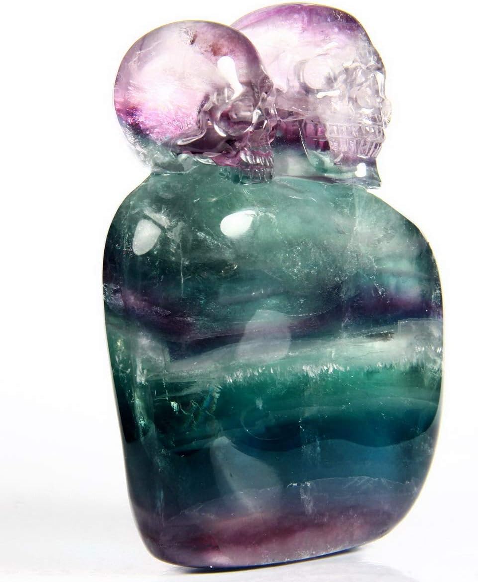 Skullis 3.4" Fluorite Crystal Skull, Fine Art, Hand Carved Gemstone Fine Art Sculpture, Reiki Healing Stone Statue. 271