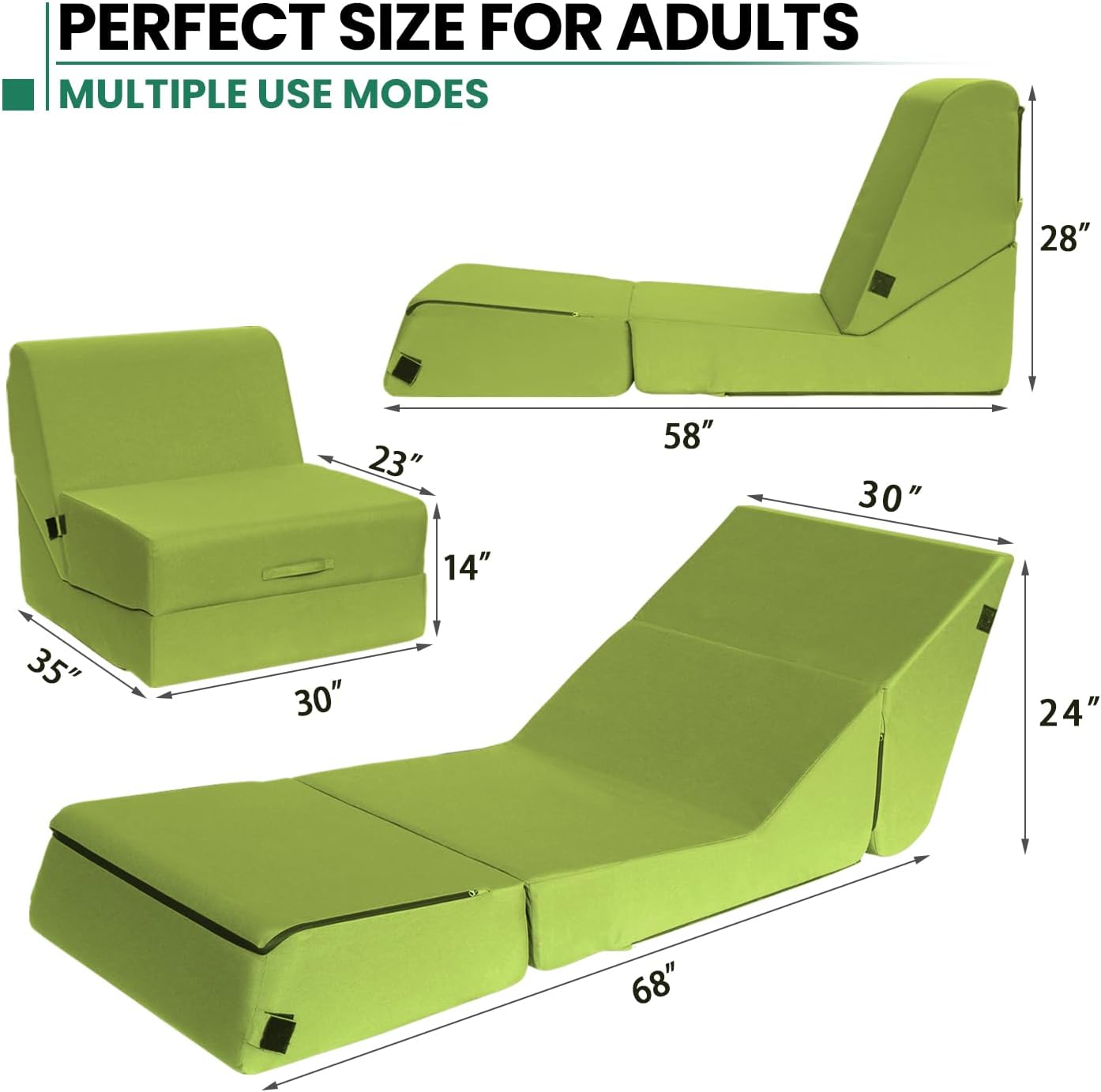 jela Outdoor Chaise Lounge, Waterproof Folding Sofa Bed Lounge Chair, UV Resistant Folding Lounge Chair with Machine Washable Cover, Soft Foam Patio Sofa Chairs Pool Lounge Chaise Chairs (Green)