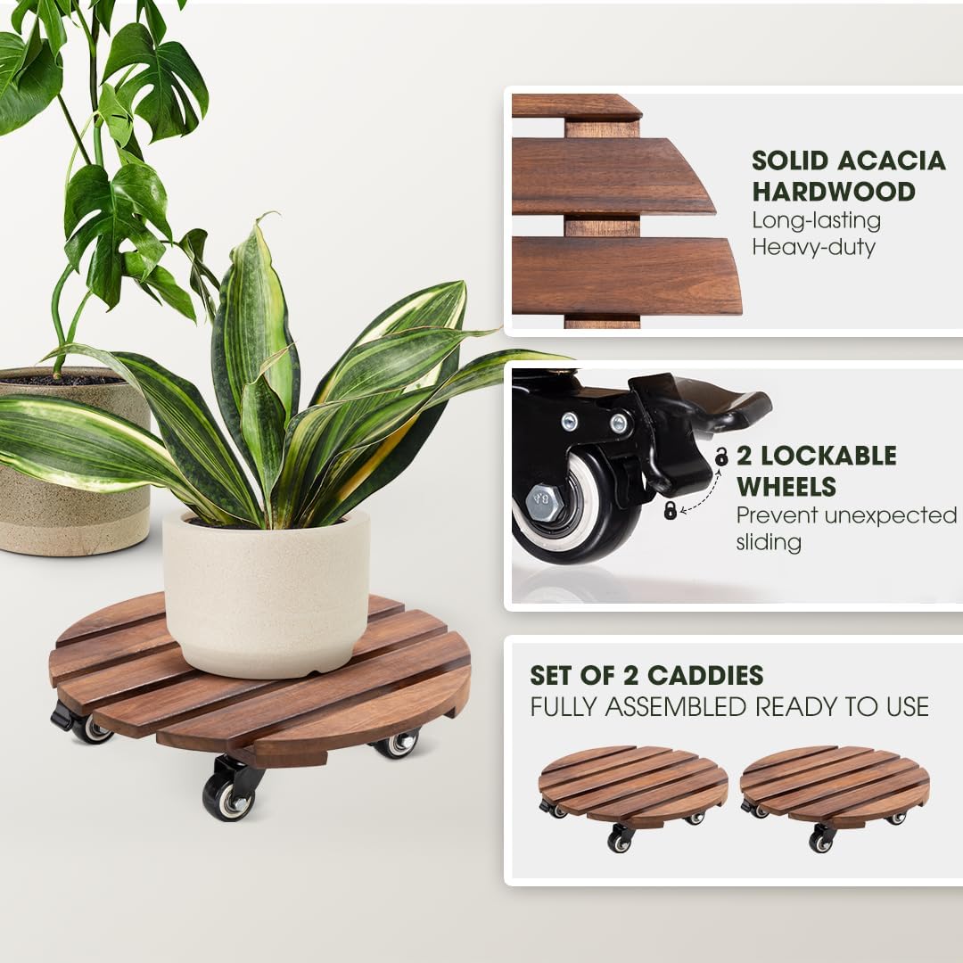 2pack Wood Plant Caddy With Wheels Heavy Duty Red Brown, 264 Lbs Capacity, 12 Inch Acacia Hardwood Plant Dolly, Plant Stand with 360° Lockable Wheels for Plant Pots, Heavy Objects Hauling