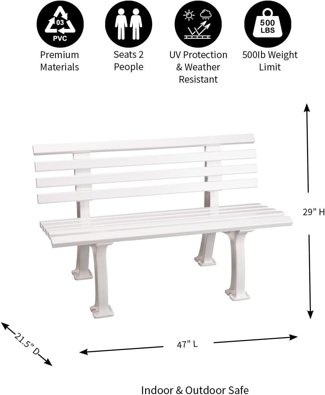 Plow & Hearth Weatherproof German PVC Outdoor Bench | Holds Up to 500 lbs | Garden Patio Porch Park Deck | Steel and Resin | White