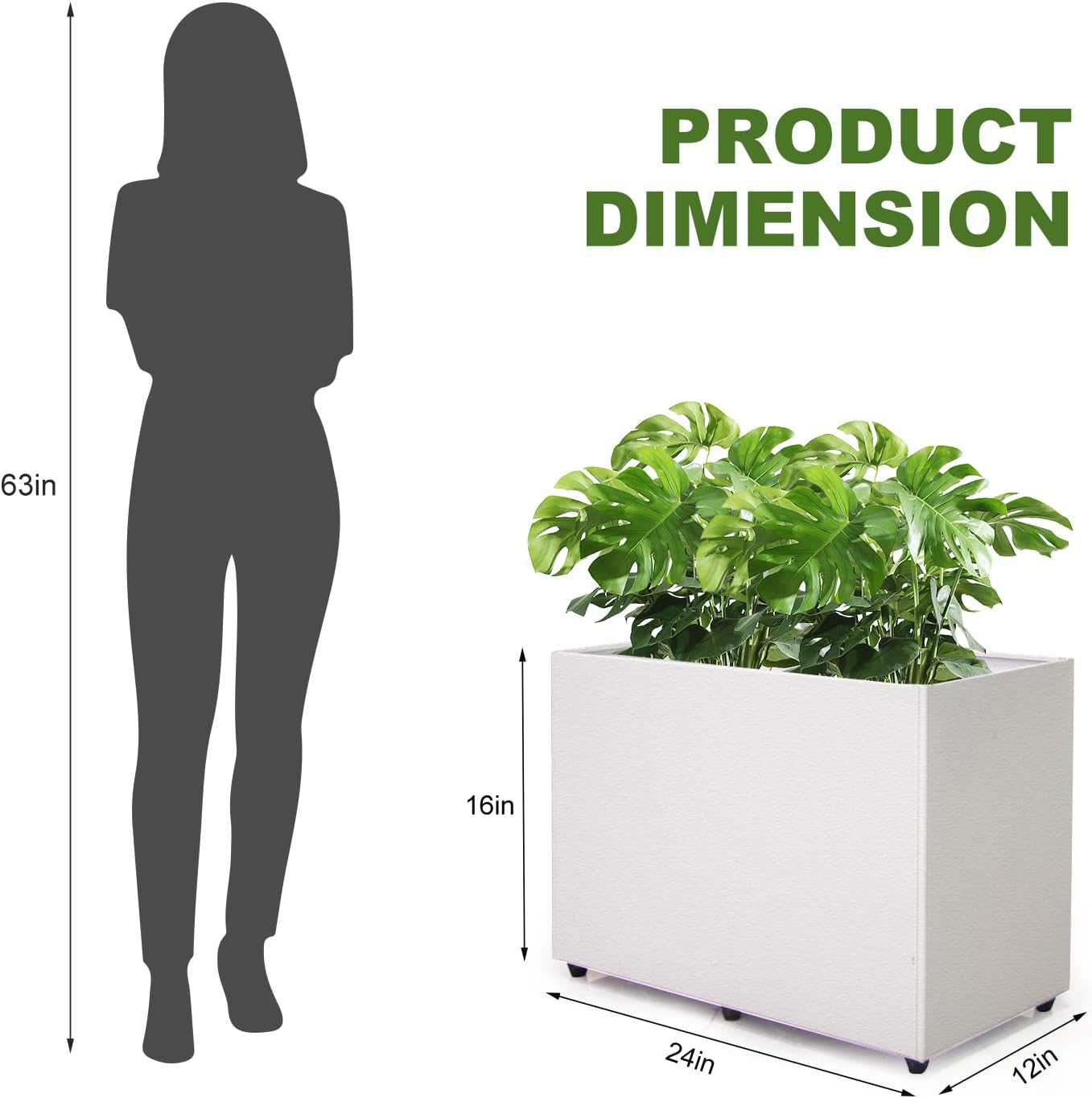 Planter Box Rectangular Block - 24×16×12IN Galvanized Steel Metal Long Box Planter Easy Installation Modern Outdoor Tall Planters All-Weather Use with Drainage Holes for Patio/Porch(White)