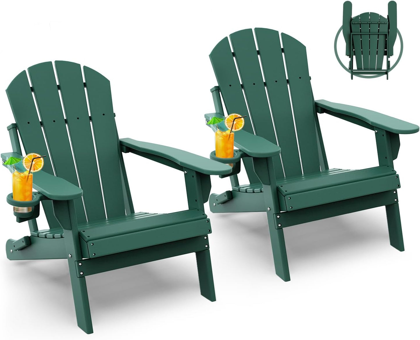 GREENVINES Folding-Adirondack-Chairs-Set-of-2 | HDPE Plastic | Fire Pit Chair | All Weather | Cup Holder | Forest | for Deck Backyard Patio Outdoor Garden