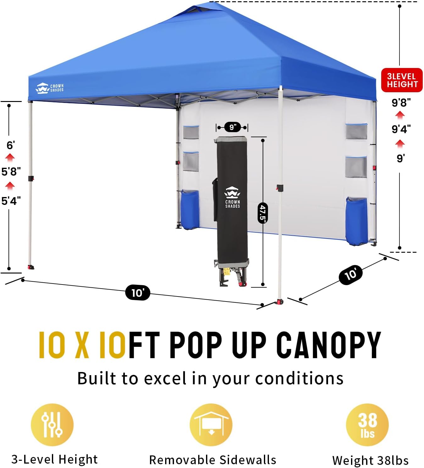 CROWN SHADES Canopy Tent, 10 x 10 Foot Portable Pop Up Outdoor Shelter with Pocket Sidewall, Push Center Lock, UV Protection, and Carry Bag, Blue