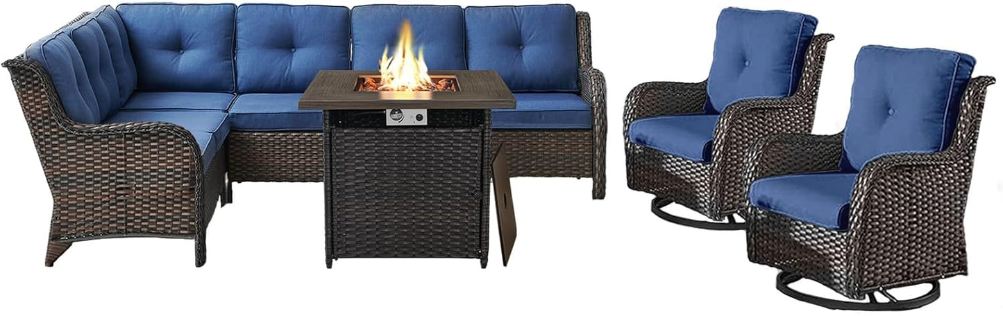 Outdoor Sectional Sofa Furniture Set with 50000BTU Propane Fire Pit Table, Wicker Patio Conversation Set with 2 Swivel Glider Rocker Chairs Blue Cushion Perfect for Backyard Casual Gathering