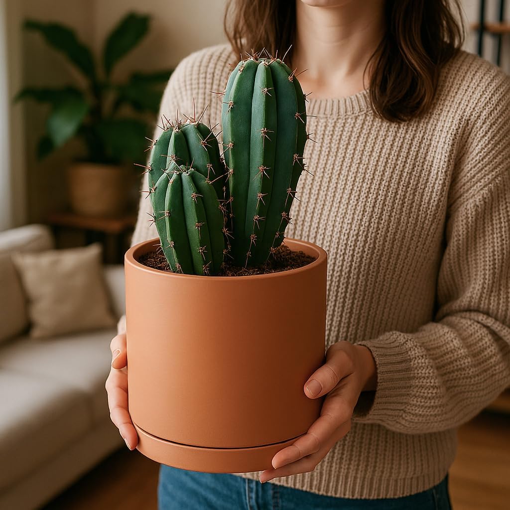 D'vine Dev Medium 8 Inch Terracotta Plant Pot with Drainage Hole and Saucer, Round Cylinder Planter Pot for Indoor Plants, 40-X-A-4