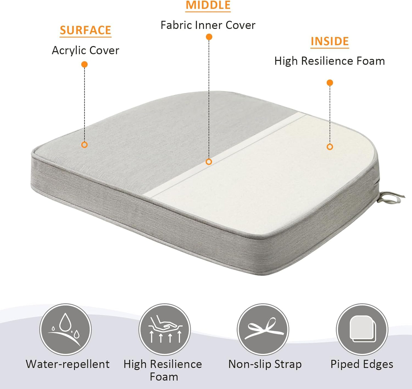 Sunbrella Round Corner Seat Cushions, 17" x 16" x 2", Set of 4, Indoor Outdoor Water Repellent Universal Chair Pads with Ties for Patio Furniture, Garden Dining Chairs, Specrtum Pebble