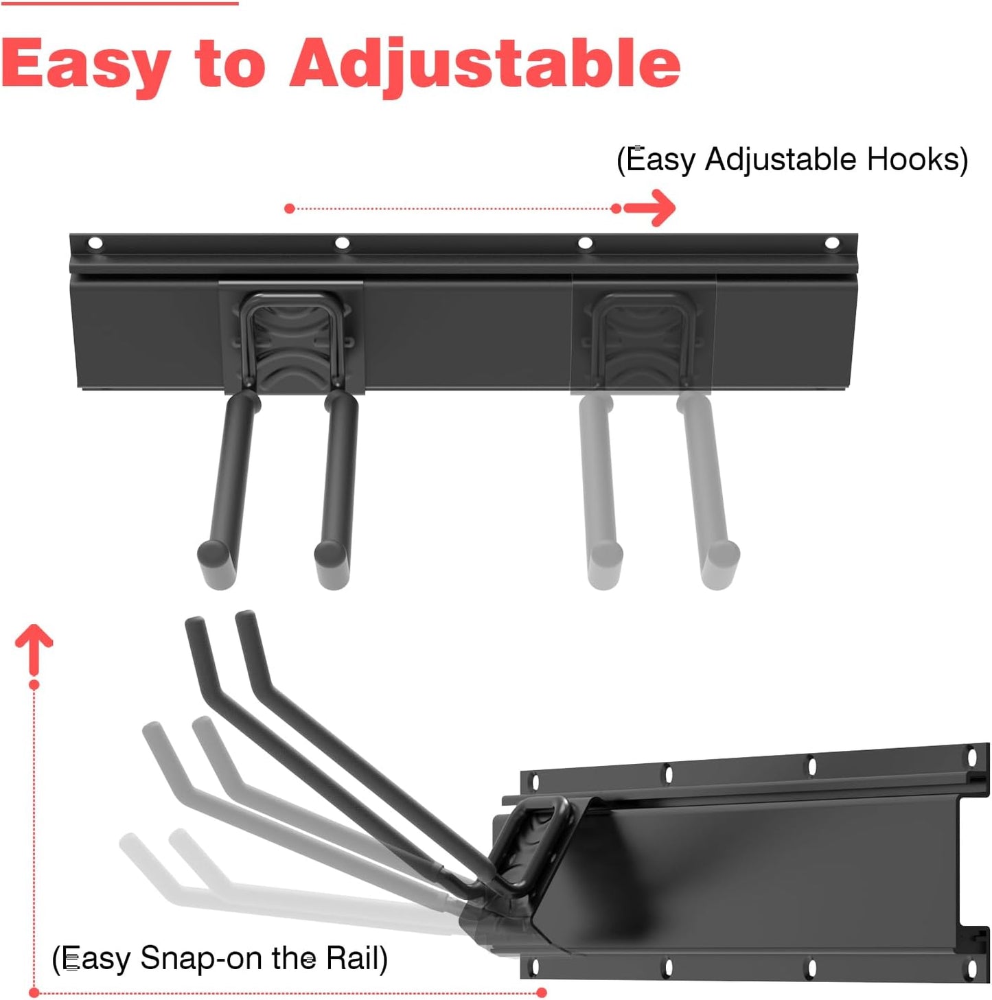 Wall-Mounted Garage Tool Organizer: 64 Inch Heavy-Duty Garden Rack & Wall Storage System - 4 Rails 10 Non-Slip Hooks for Folding Chairs, Ladders & DIY Tools