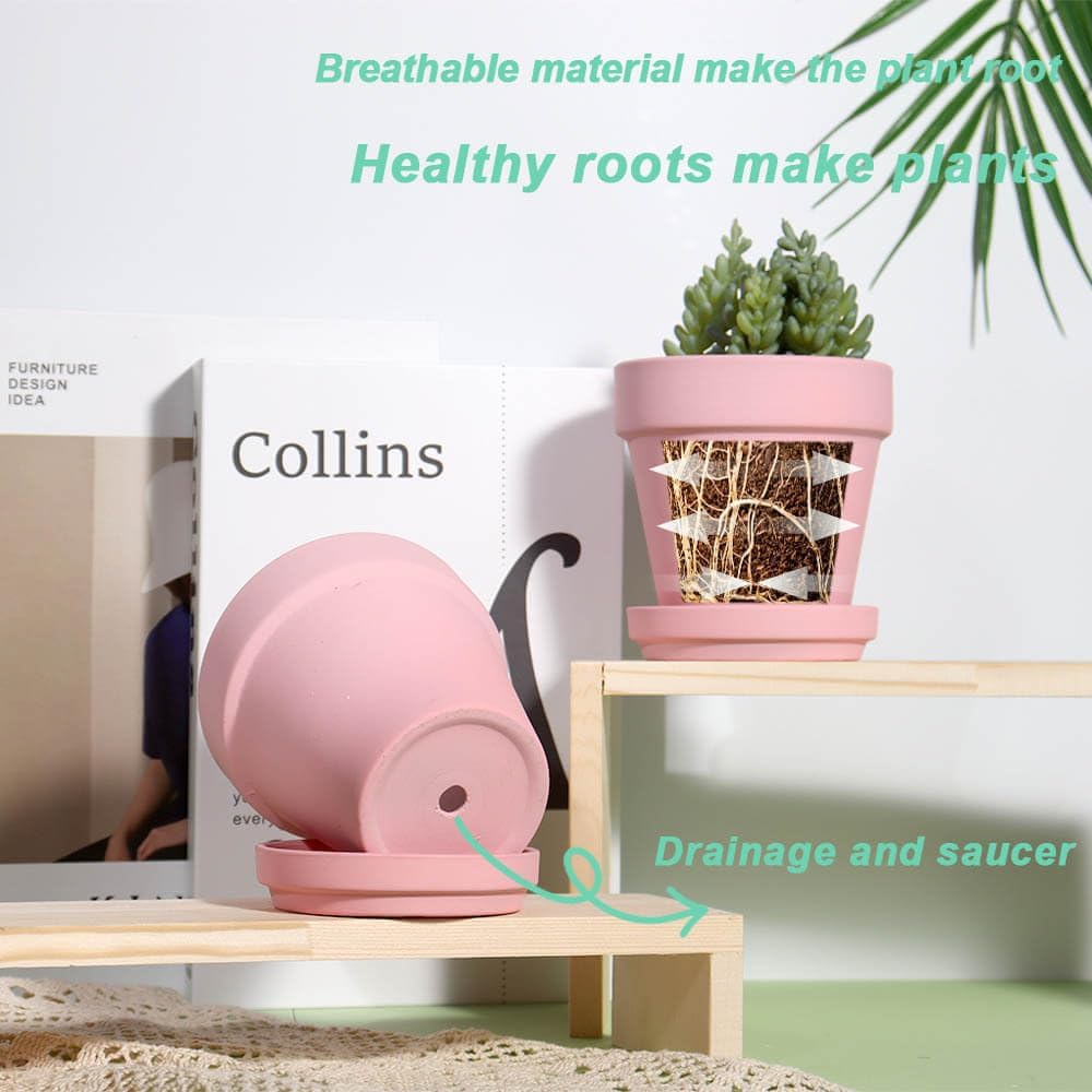vensovo 6 Inch Peach Pink Terracotta & Clay Pots for Plant with Saucer - 4 Pack Medium Terra Cotta Planter with Drainage Hole, Flowerpot for Indoor Outdoor Plants, Crafts, Wedding Favor