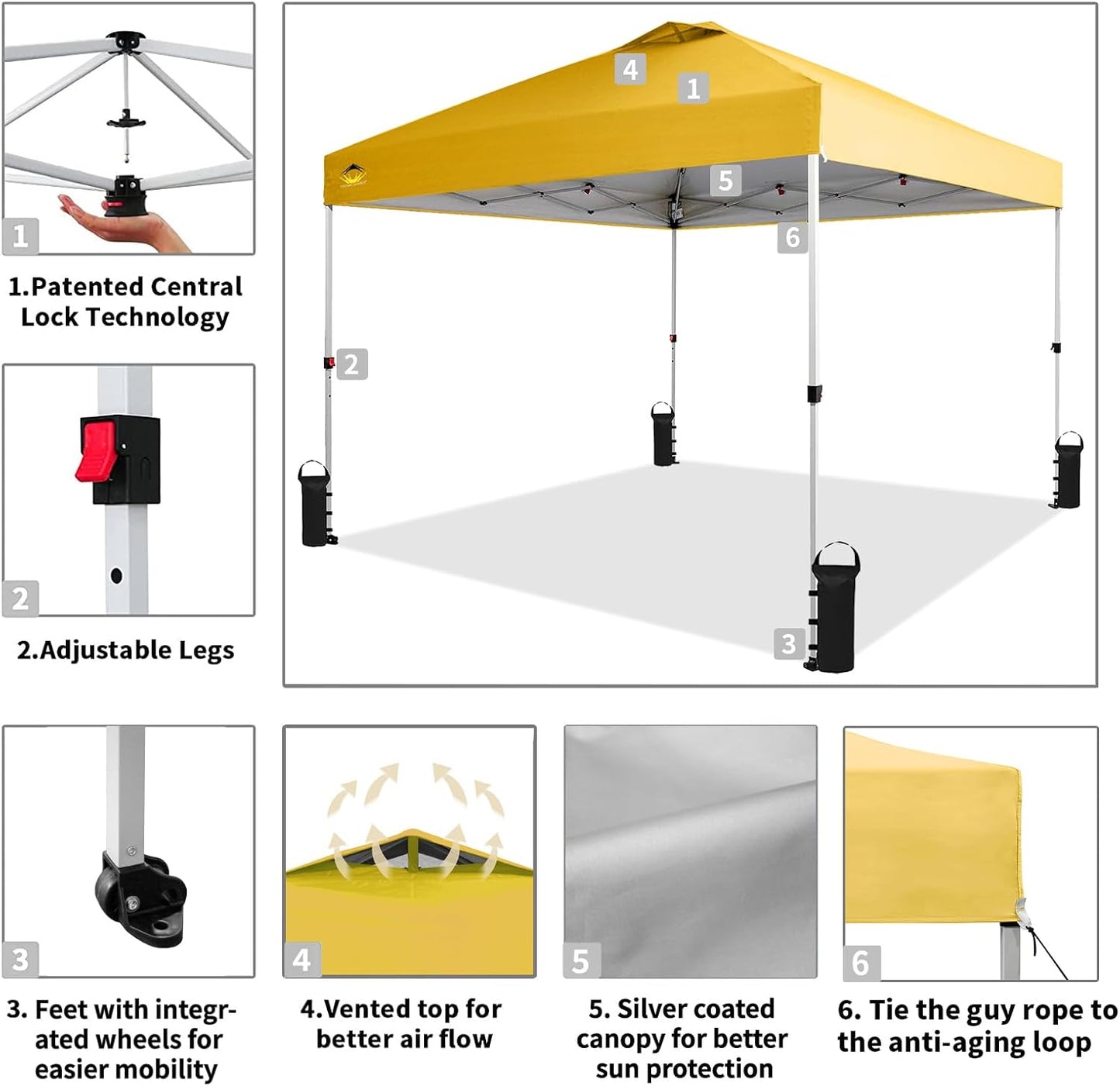 Crown Shades 10x10 Pop Up Canopy - Beach Tent with One Push Setup - Outdoor Sun Shade for Events, Parties, Camping - Gazebo with STO-N-Go Cover Bag, Silver Coated Top, 3 Height& 4 Sand Bags, Yellow
