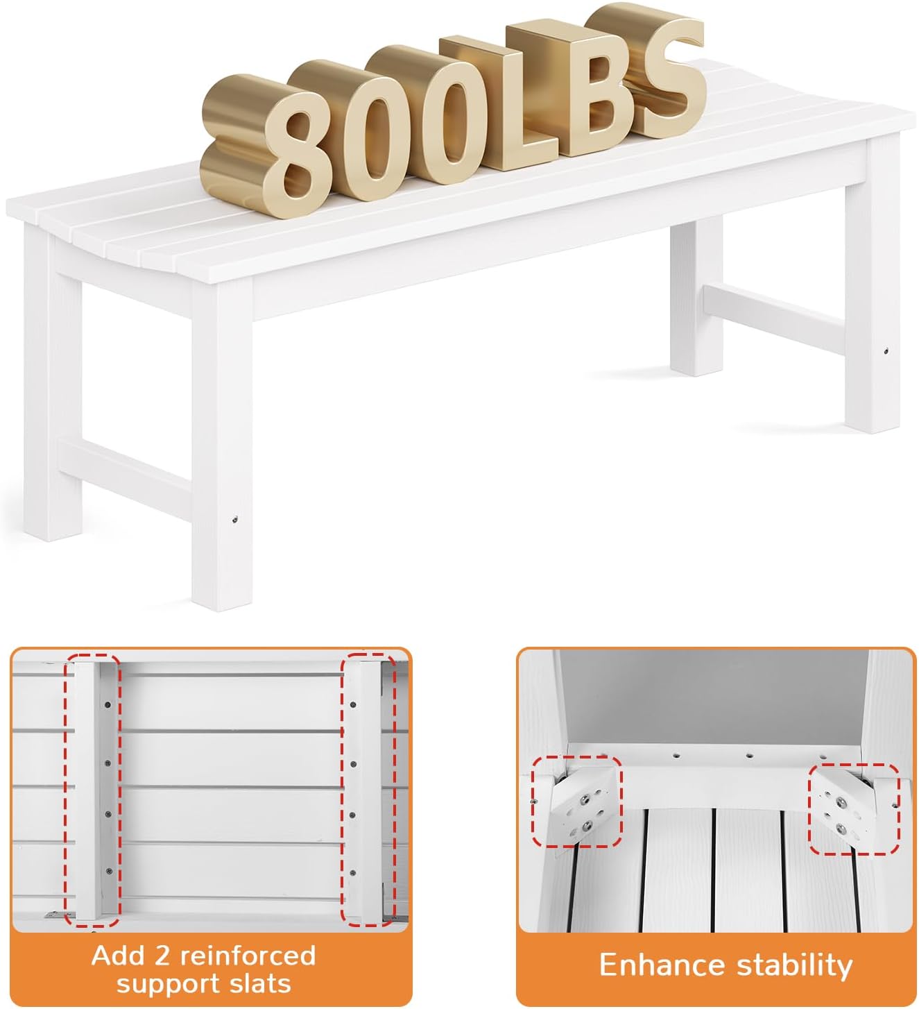 Outdoor Bench, 2-Person Patio Backless Bench Holds up to 800lbs, Weatherproof Garden Bench That Never Rot and Fade, Suit for Backyard, Porch, Patio, Deck and Entryway (White)