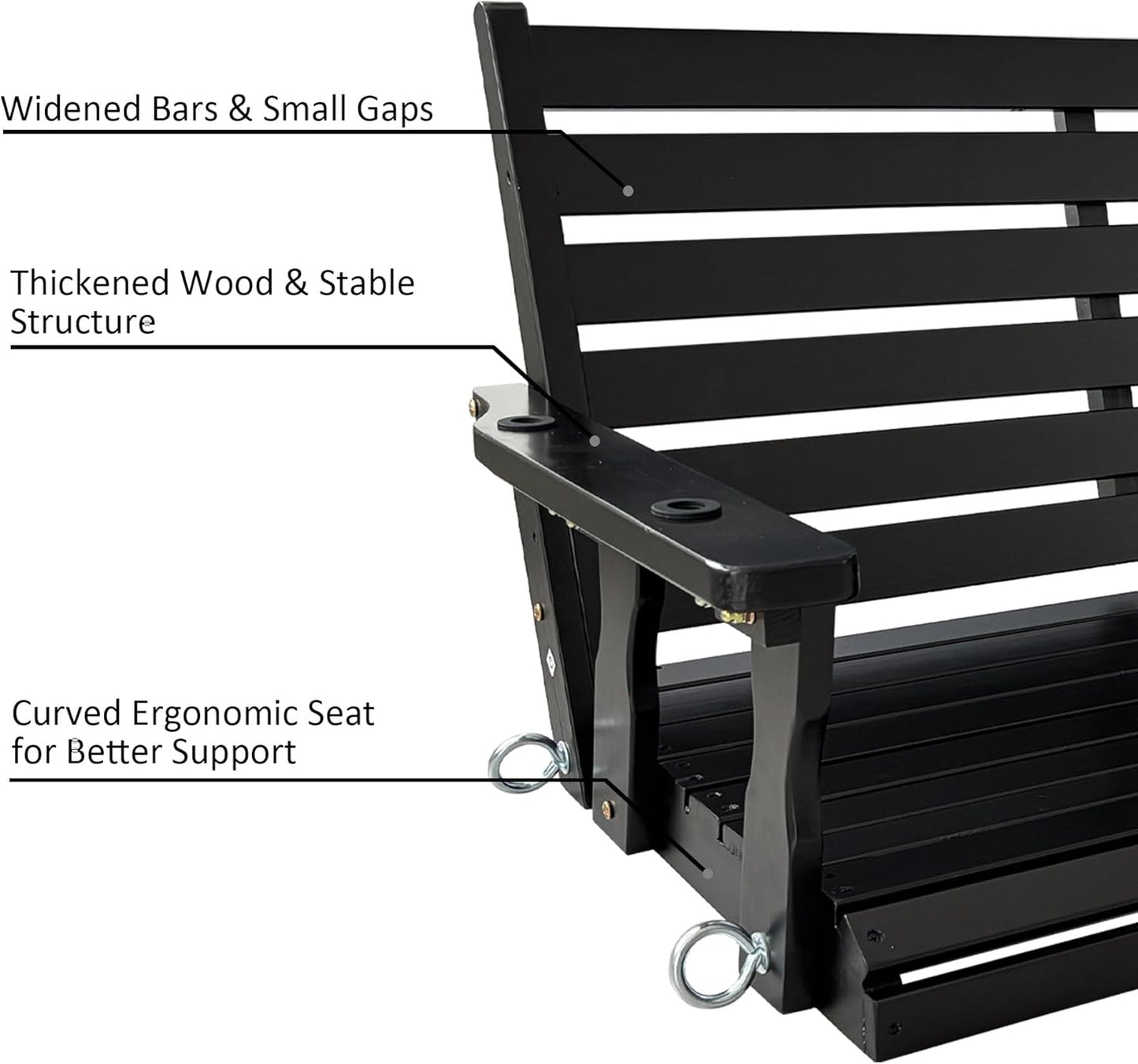 Wooden Porch Swing, Ergonomic Seat, Bench Swing with Hanging Chains and 7mm Springs, Heavy Duty 880 LBS, for Outdoor Patio Garden Yard (Matte Black, 3-Seater Extra Large)