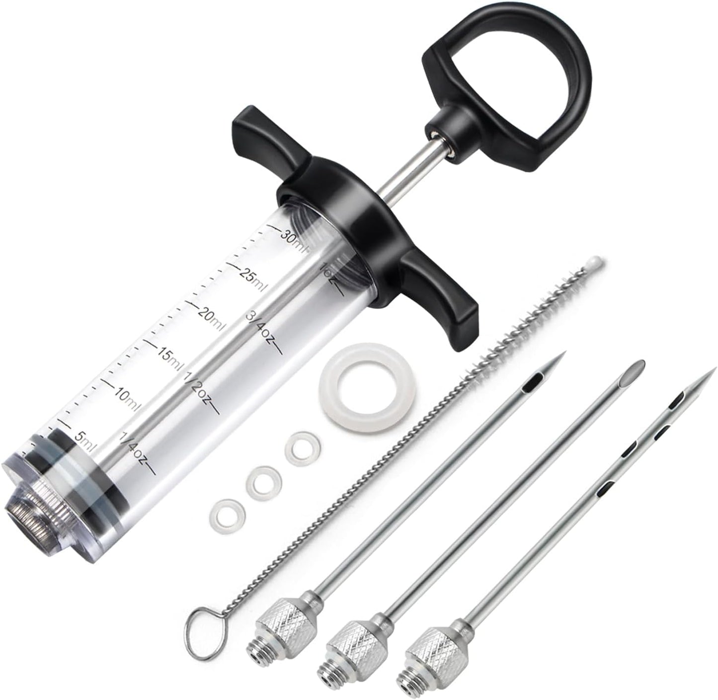 Plastic Meat Injector Kit for Smoker with 3 Flavor Food Syringe Needles, Ideal for Injecting Marinade into Turkey, Meat, Brisket; 1-OZ; Including Paper User Manual, Recipe E-Book (PDF)