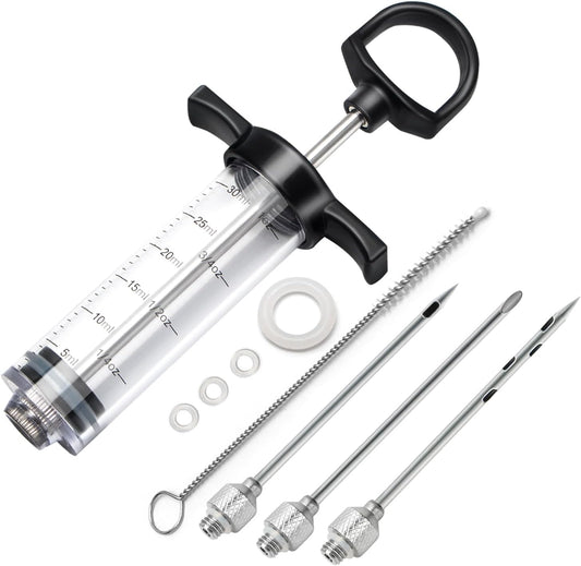 Plastic Meat Injector Kit for Smoker with 3 Flavor Food Syringe Needles, Ideal for Injecting Marinade into Turkey, Meat, Brisket; 1-OZ; Including Paper User Manual, Recipe E-Book (PDF)