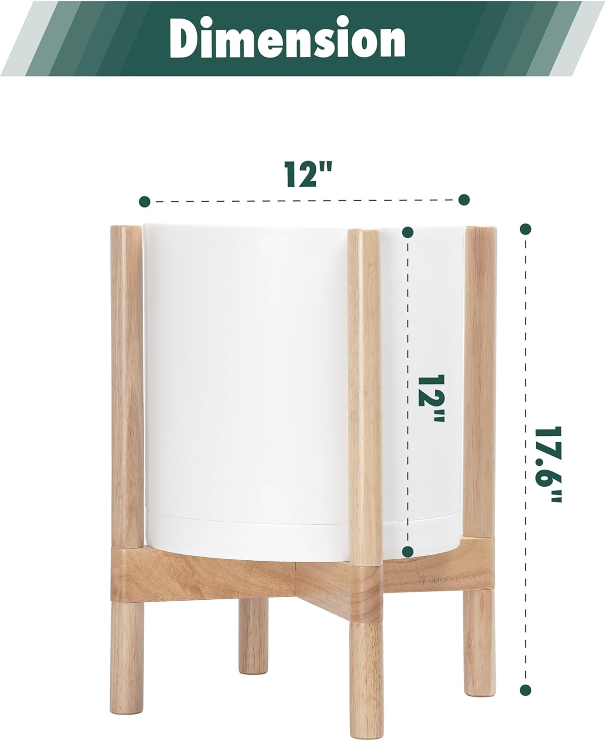 D'vine Dev Planter Pot with Stand - 12 Inch Plastic Cylinder Flower Pot with Wood Planter Holder for Indoor, Matte White Pot + Natural Stand, 55-C-P-1