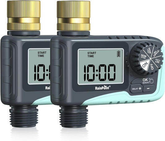 RAINPOINT 2-Pack Sprinkler Timer with Brass Swivel for Garden Hose, Programmable Hose Timer with Rain Delay/Manual Watering, Digital Irrigation System for Lawns, 1 Outlet