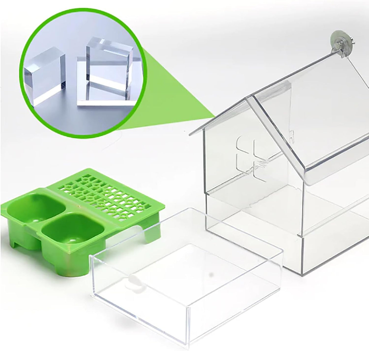 Ziveseller/Sowhathow Pull-Out External Parrot Feeder, Parrot Feeder Parakeet House Bird Bath Transparent Dish Water, Hanging Wild Bird Seed with Squirrel Proof Tray (Green*2)