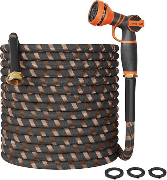 Giraffe Tools Garden Hose 100FT Non-Expandable Lightweight Flexible Water Hoses Burst 600 psi with 9 Spray Function Nozzle Heavy Duty Hose