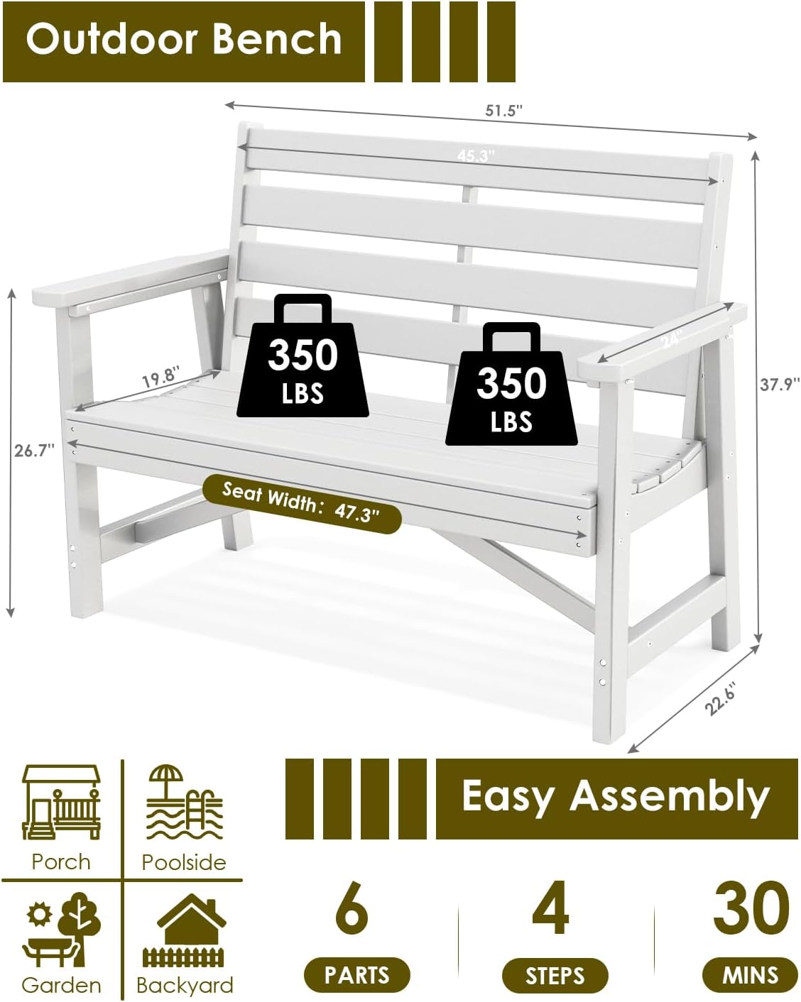GREENVINES Outdoor Bench | HDPE | Garden Benches | All Weather | for Outdoors Patio Park Porch Outside Backyard | 2-Person | White
