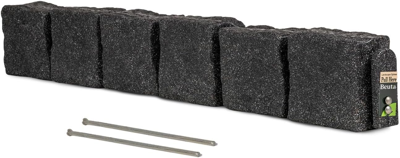Beuta Landscape Edging | Garden Edging Border | Faux Stone Blocks for Lawn Edging, Flower Beds & Yard Edging – 1 Pack | Each Section Has 6 Blocks 48" L x 4" W x 6.5" H | 2 Spikes | Charcoal