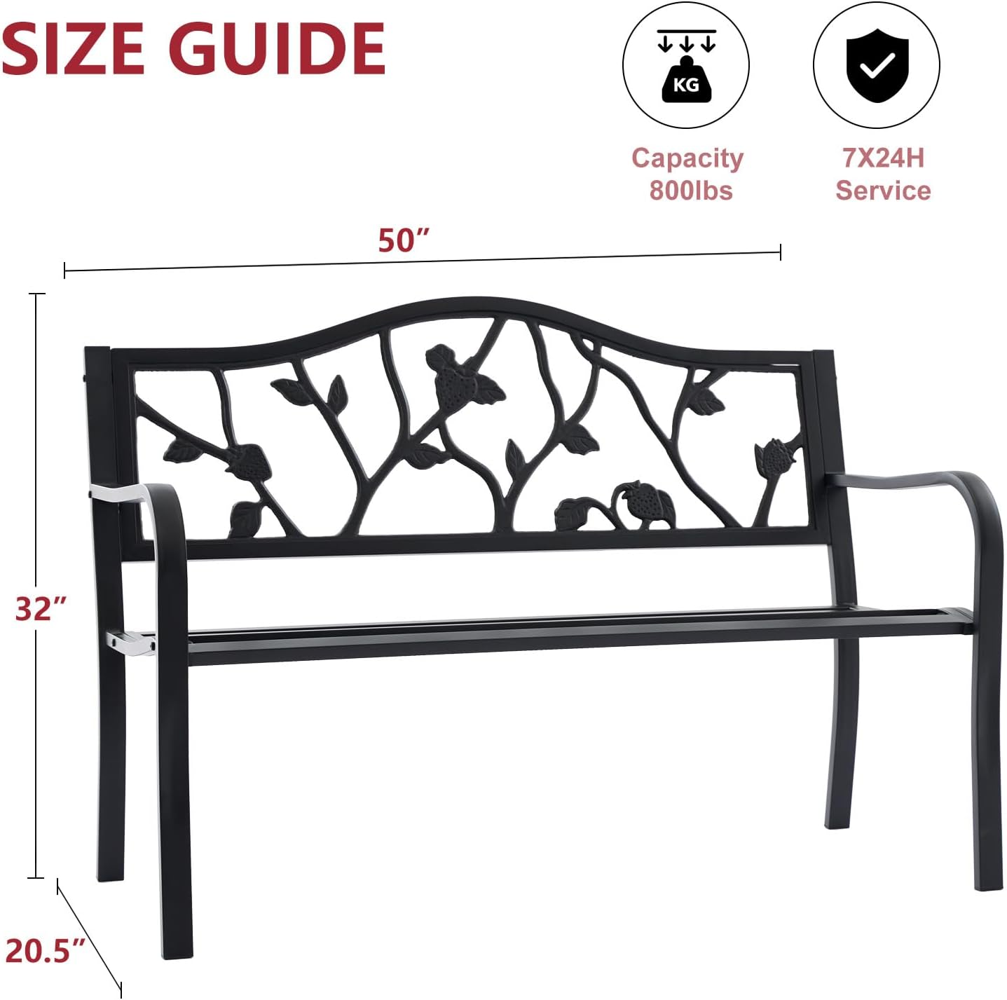 50” Strawberry Outdoor Garden Bench, Weatherproof Sturdy Cast Iron Metal Frame Patio Park Bench for Porch Yard Lawn Deck Park (Black Strawberry Style)