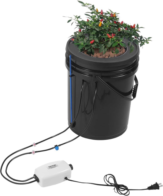 VEVOR DWC Hydroponics Grow System, Hydroponic Growing System with Top Drip Kit, 5-Gallon Deep Water Culture with Air Pump, Air Stone and Water Level Device for Leafy Vegetables(1 Bucket+Top Drip Kit)