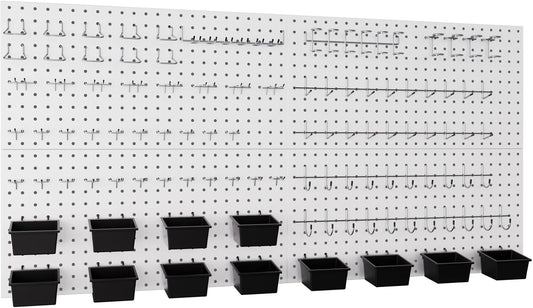 INCLY 158PCS Metal Pegboard Wall Organizer, 48x24 Inch White Pegboard Panels Tool Organizer Kit with Accessories Hooks and Bins, Peg Board Utility Tool Storage for Garage Workbench Shed