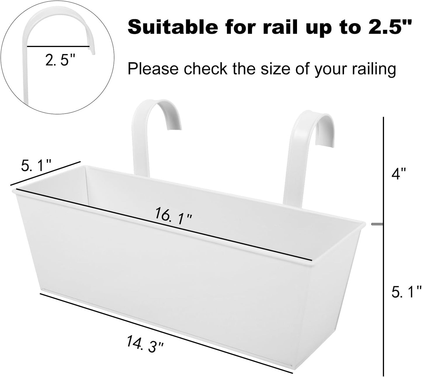 Railing Planters Outdoor Balcony 16 Inch Deck Over The Railing Planter Boxes Hanging Planters for Fence Flower 3 Pcs (White)