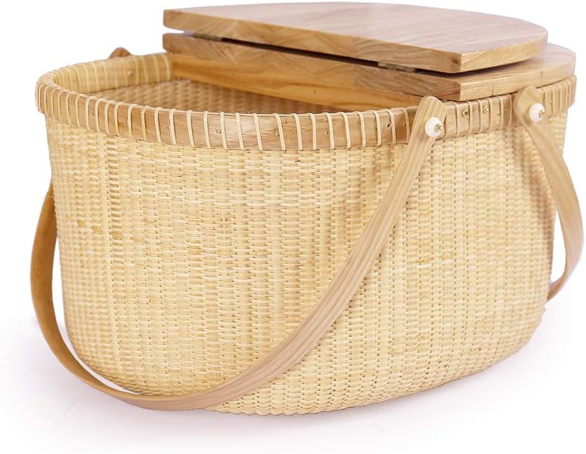 Nantucket Basket Crafts Cane-on-Cane Weave Picnic Basket Shopping Basket Basket Storage Basket Two Swing Handles (Ash Activity Double Open)