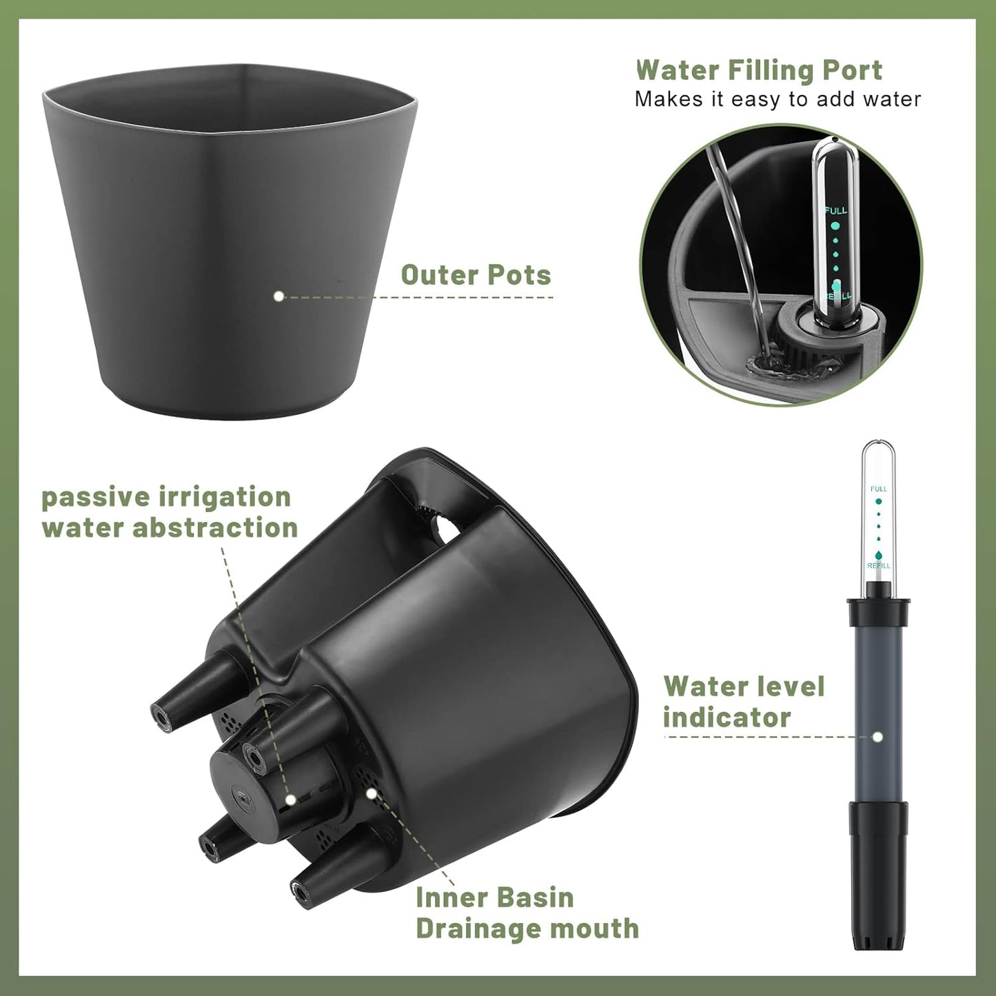 Self Watering Planters for Indoor Outdoor Plants 7 inch Flower Pot with Water Level Indicator Grey 6 Pack African Violet Self Watering Pots for All Orchid agave etc. House Plant Plastic Planter