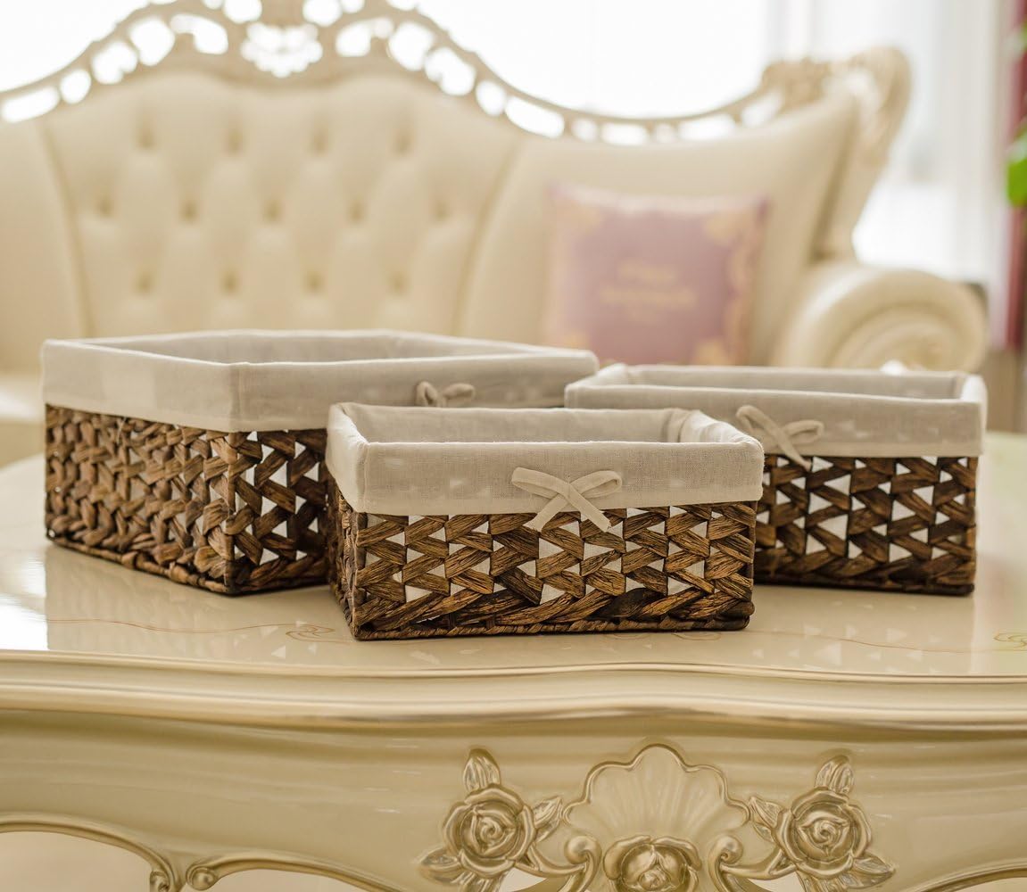 Rectangular Woven Seagrass Storage Bins with Handle,Kingwillow. (water hyacinth, Small)